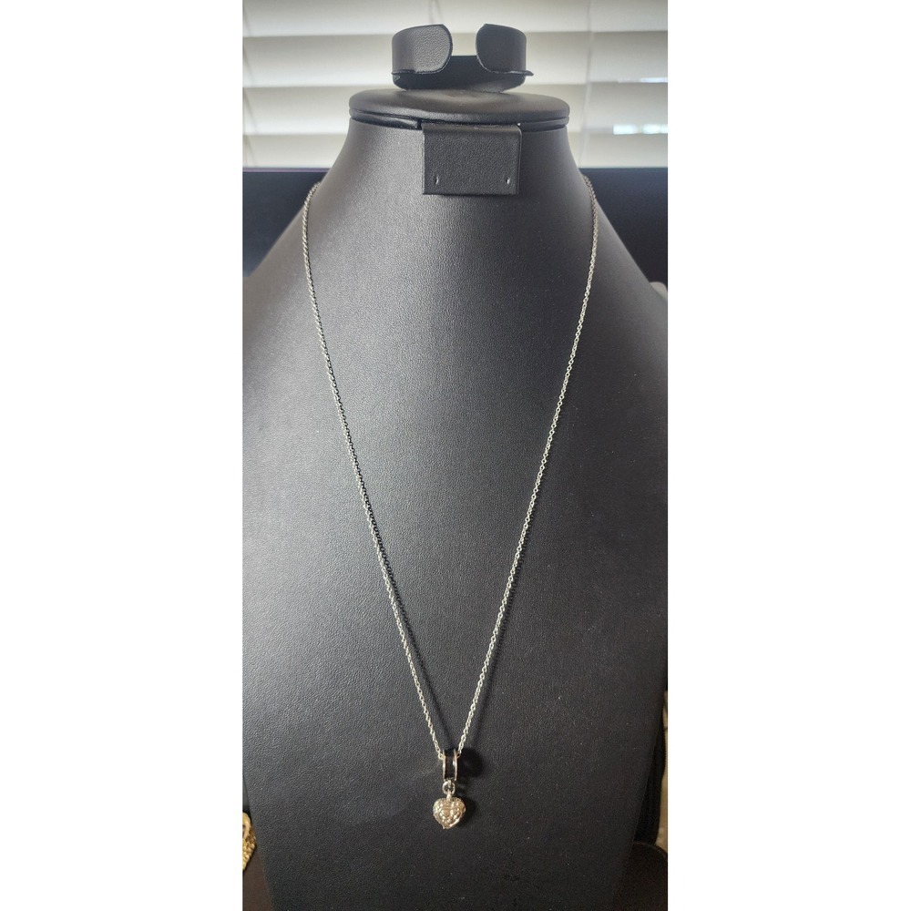 Silver Tone Puffy Heart Pendant Necklace Black Slider Bail 27 Inch Chain‎